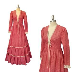 Gunne Sax Red Calico Corset Maxi Dress Size 11 70s Vintage Prairie V Neck